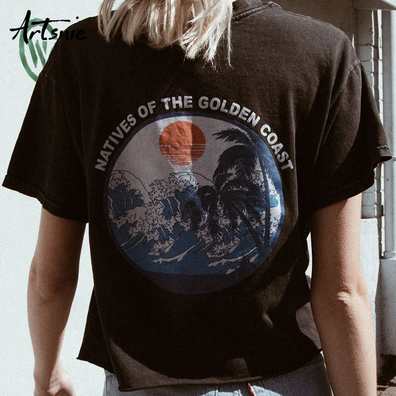 

Artsnie Spring 2019 Casual Print T Shirts Women O Neck Short Sleeve Tops Streetwear Knitted Summer Tops Femme Black T-Shirts