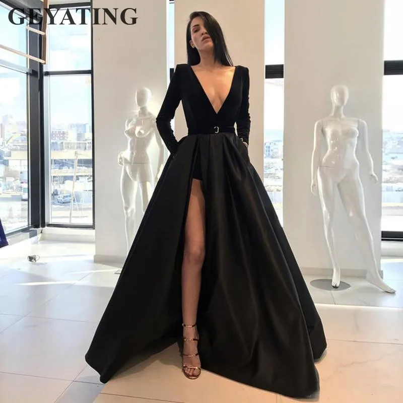 Sexy Deep V Neck High Slit Black  Prom  Dresses  Long  Sleeves  