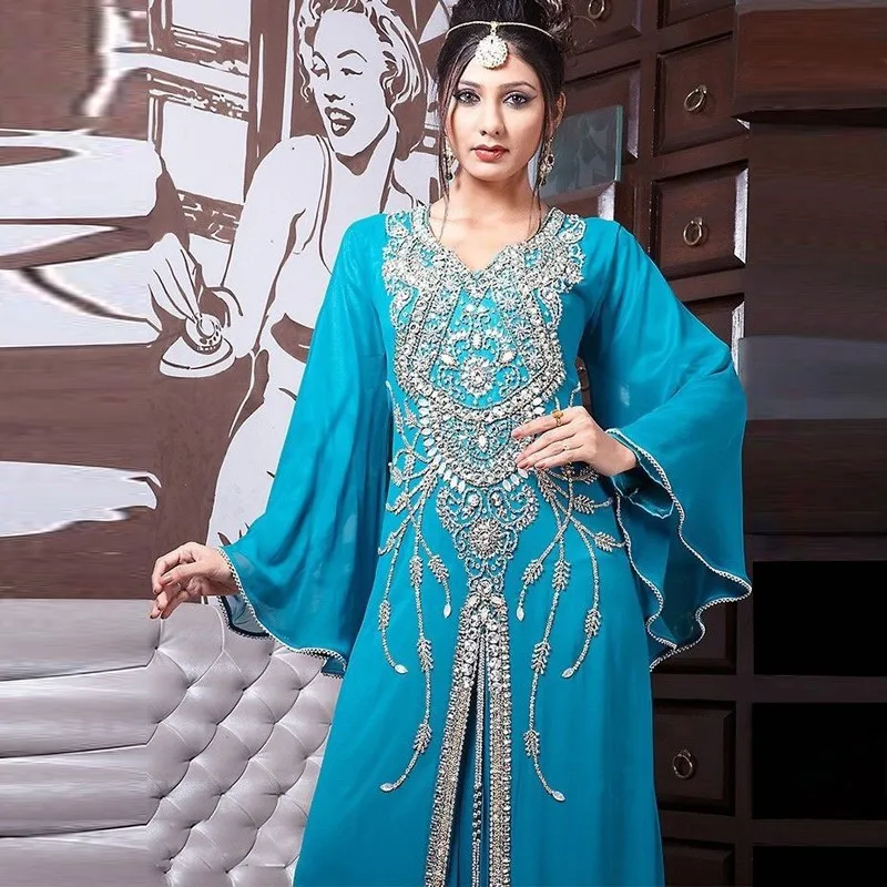 2016 Long Sleeve Evening Dresess Beaded Chiffon Party Gowns robe dubai