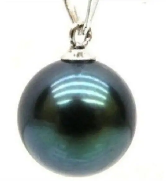 

12mm natural round tahitian black green pearl pendant white gold