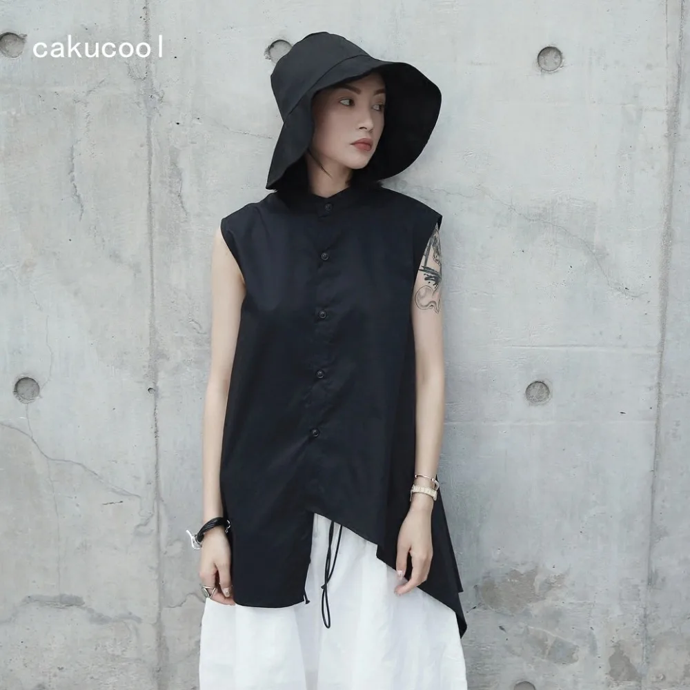 Cakucool Black Summer Women Sleeveless Blouse Mandarin Collar Tank Top Blusa Vintage Design Brief Asymmetric Camisole Vest Femme