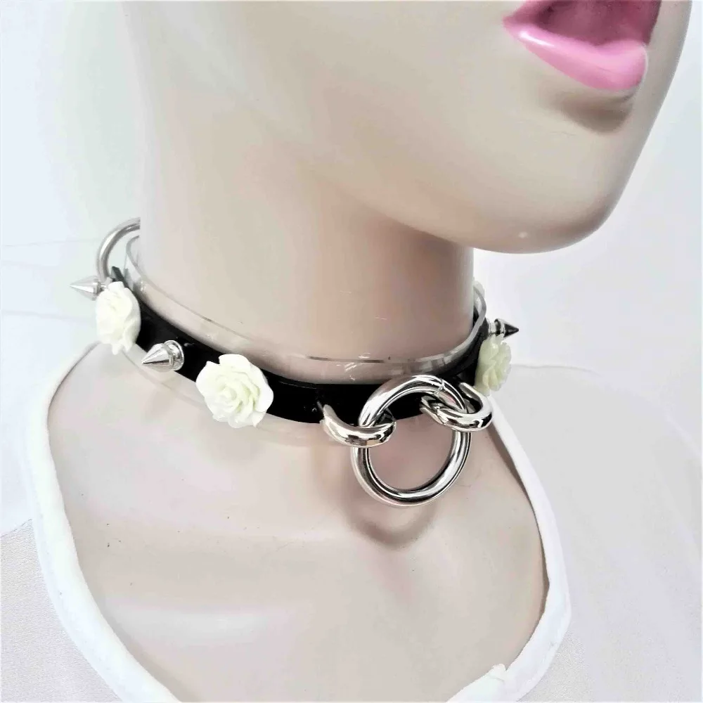 Harajuku Leather Punk Choker Necklace Flower O-Round Rivets Collar Handmade