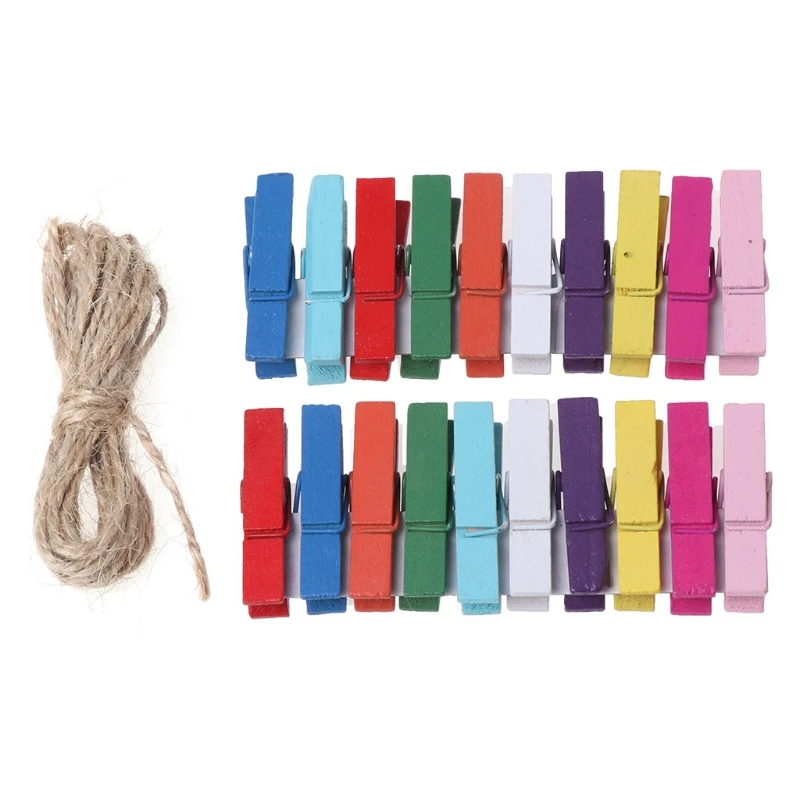 

20Pcs Mini Colored Wooden Craft Clips Photo Paper Peg Pin Clothespin With Rope