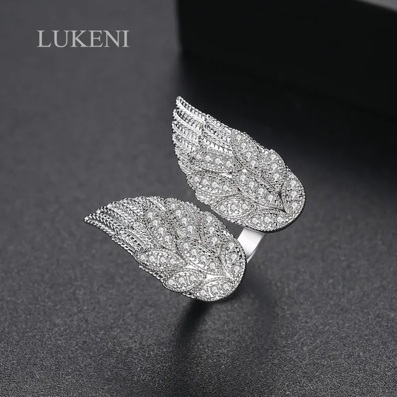 

LUKENI Luxury Jewelry White Color Micro Paved Cubic Zircon Fashion Wing-shaped Adjustable Open Ring for Women Party