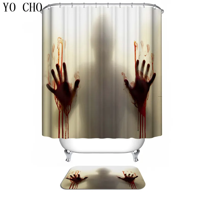 

YO CHO Fashion 3D Skull Blood Palm Print Bathroom Accesories High Quality Waterproof Shower Curtain Antiskid Absorbent Bath Mat