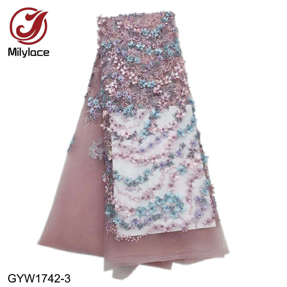 

High quality 3d flowers french lace fabric beaded quality guaranteed embroidery tulle lace fabric for 5 yards mesh lace GYW1742