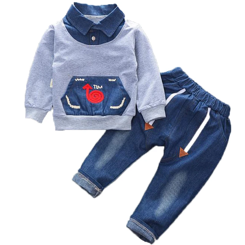

2018 Brand New Spring Autumn Children Boys Denim Clothing Set Letter Blouse T Shirt Jeans Pant Baby Clothes Infant Suit 2 3 4 5Y