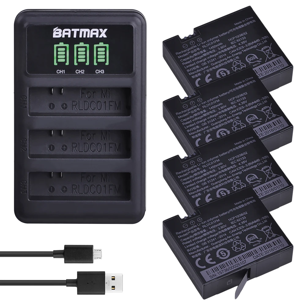 Batmax 4 шт. 1450 мАч оригинальный аккумулятор Mijia + светодиодные 3 слота USB зарядное