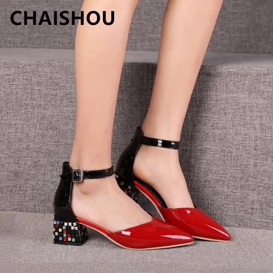 

CHAISHOU 2019 New Summer women Fashion pointed thick with rhinestone women's shoes color matching sandals krasovki Famela B-481