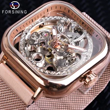 Forsining, автоматические Геометрические Квадратные дизайнерские прозрачные мужские наручные часы, розовое золото, механизм, самовзводные сетки, стальной ремешок, Relojes Hombre