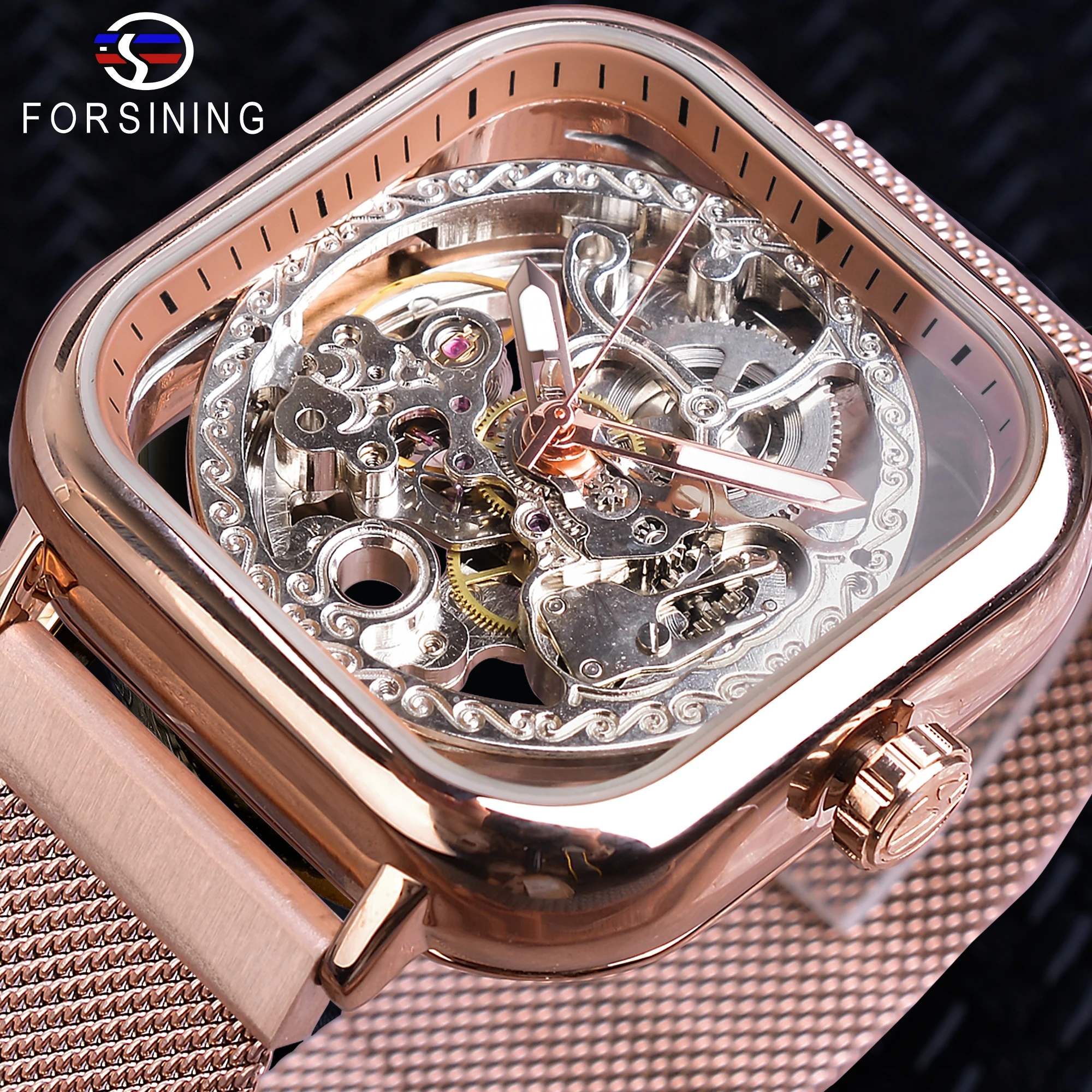 

Forsining Automatic Geometric Square Design Transparent Men Wrist Watch Rose Gold Gear Self Wind Mesh Steel Strap Relojes Hombre