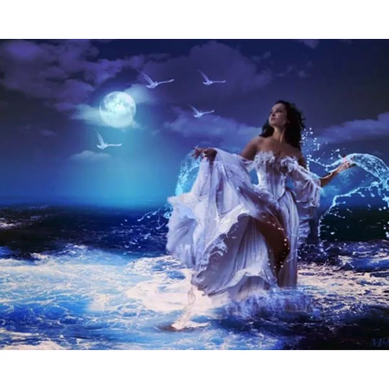 

5D DIY diamond painting girl in the sea moon night full drill square round diamond embroidery cross stitch mosaic picture