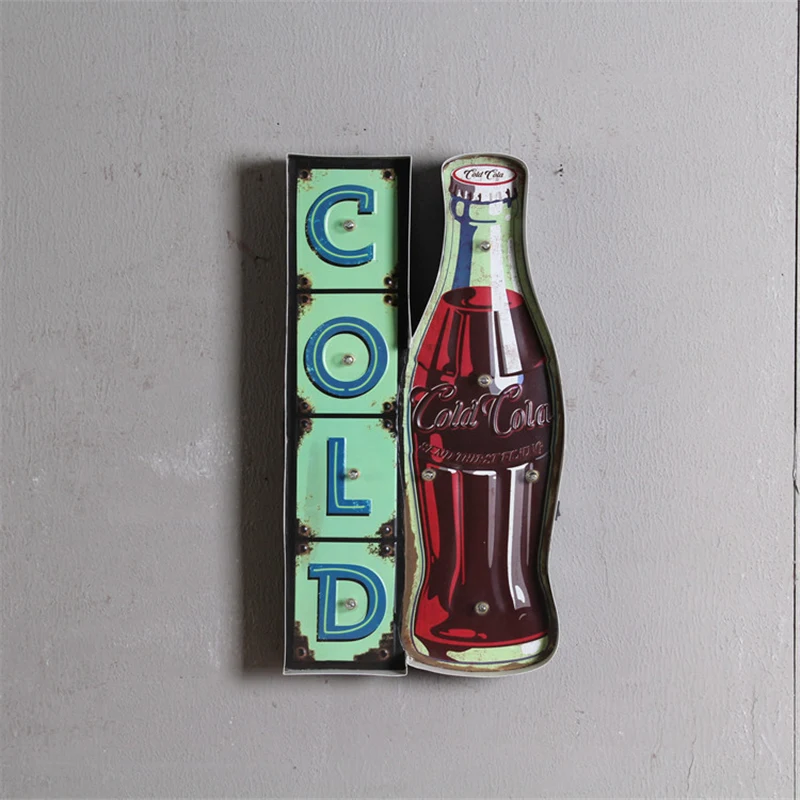 

Cold Coke Bottle LED Light Lamp Metal Tin Signs Home Art Decor Iron Poster Home Decorative Retro Wall Art for Bar Pub