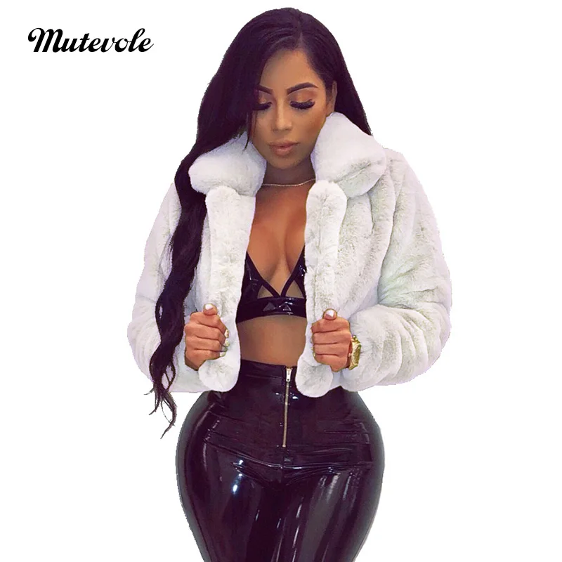Koop Mutevole Winter Warm Fluffy Faux Fur Jassen Jassen Vrouwen Furry Nep Bont Bijgesneden Jas Turn Down Kraag Open Voorzijde Overjas