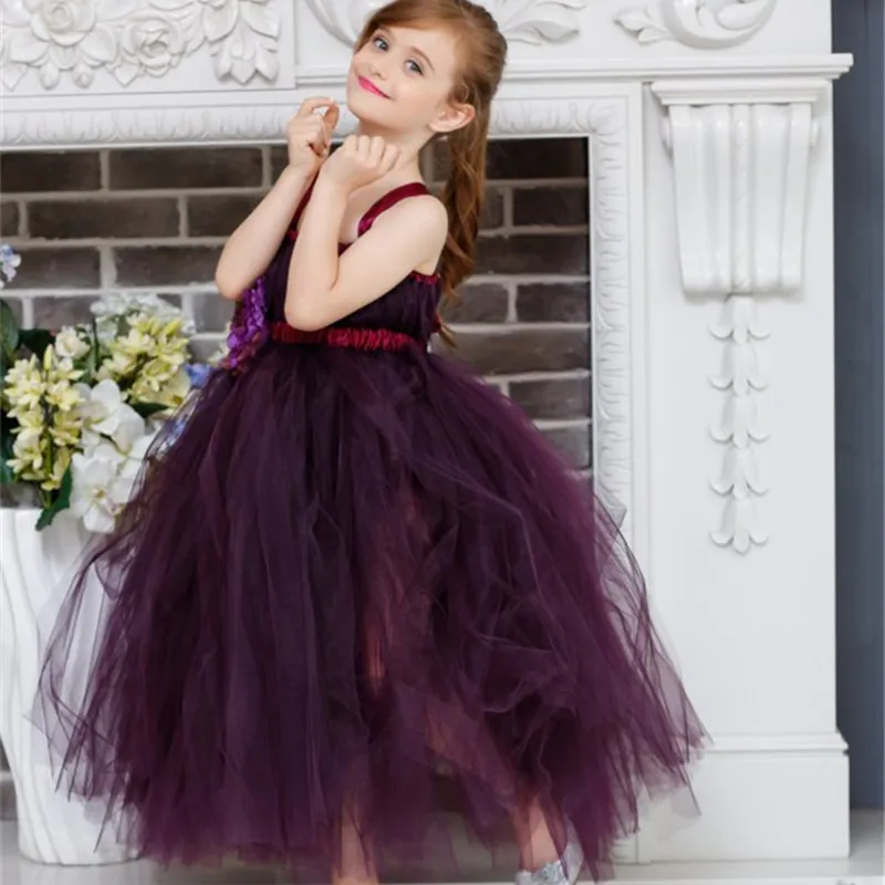 New Purple Tulle Tutu Dress Flower Girl Dresses Princess Handmade Kids Pageant Dance Wedding Birthday Bridesmaid