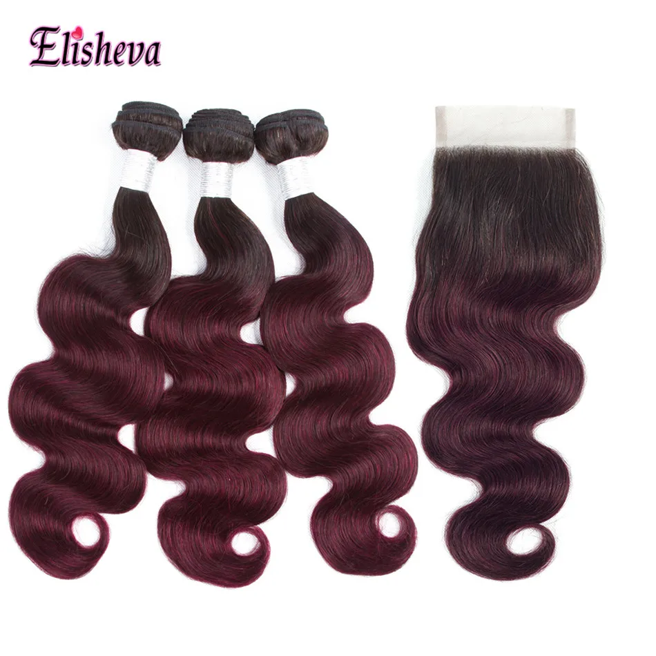 

Elisheva 1B/99J Colored Bundles With Closure Brazilian Bodywave Closure with Bundles Burgundy Ombre Hair 3 bundles deals NonRemy