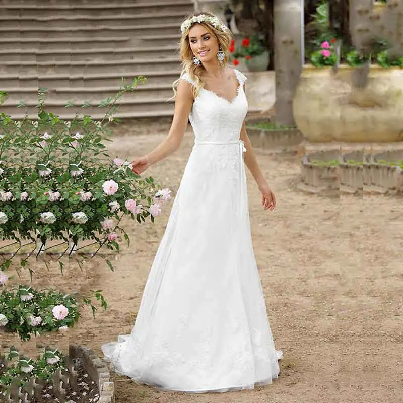 

Free Shipping Vestidos De Novia Beach Cheap Boho Wedding Dress Buttons Lace Applique A-line Princess Wedding Gown Bridal Gowns
