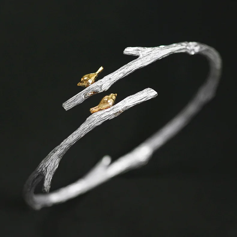 

INATURE 925 Sterling Silver Bird on Branch Bracelet Bangles for Women Simple Open Cuff Bangle