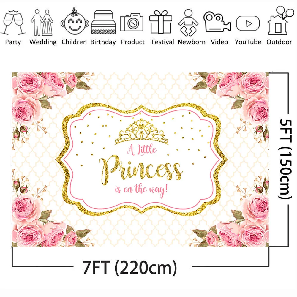 Mehofoto Baby Shower Photo Backdrop for Photography Little Princess Newborn Flower Background Gold Crown Birthday Party Booth