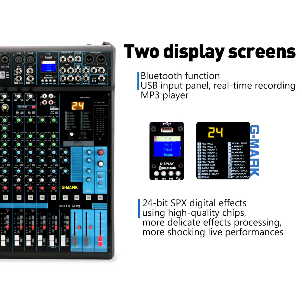 - Audio Mixer GMARK MG16MP3 16 Channels Mixing Console Bluetooth USB Charging DJ MP3 Player 48V Phantom Power