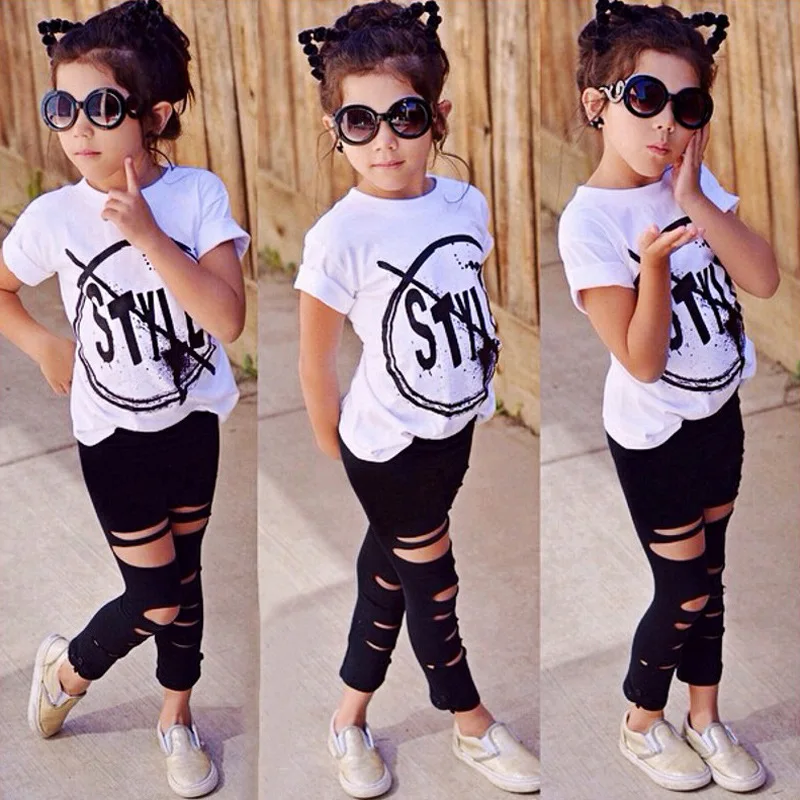 

2019 Baby Girls Clothes summer kids clothes Cotton girl Short Sleeve T-Shirt + Hole Pant Leggings 2PCs Outfits Children Clothing