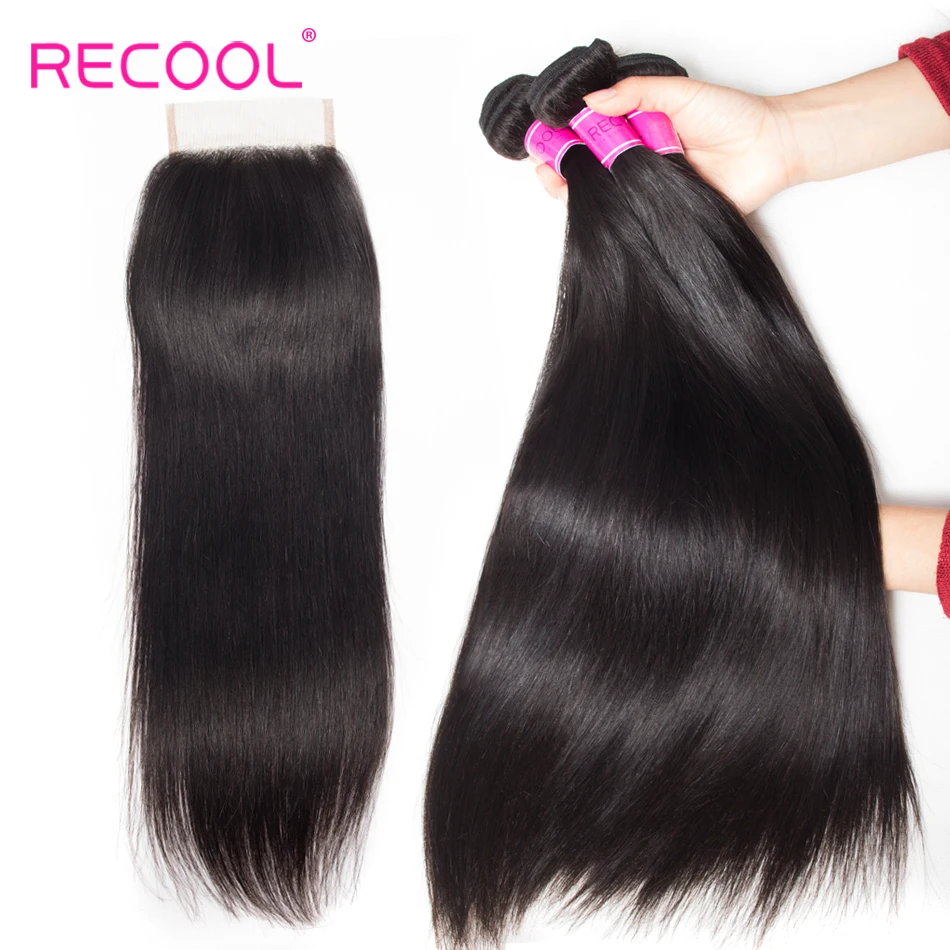 

Recool Straight Hair With Closure 100% Remy Human Hair Natural Color Indian Human Hair Bundles With Closure 4Pcs/Lot Deal