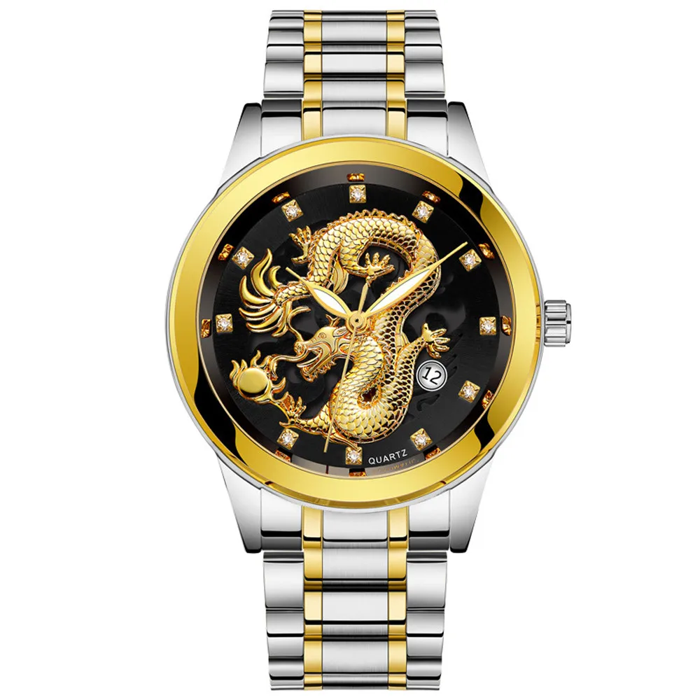 

Waterproof Mens Watches Luxury Gold Dragon Sculpture Quartz Watch Men Full Steel Band Business Sport Wrist Watch montre homme