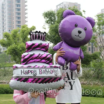 

KAMMIZAD Large 2pcs purple bear & birthday cake foil balloons baby shower wedding birthday party decoration mylar helium balloon
