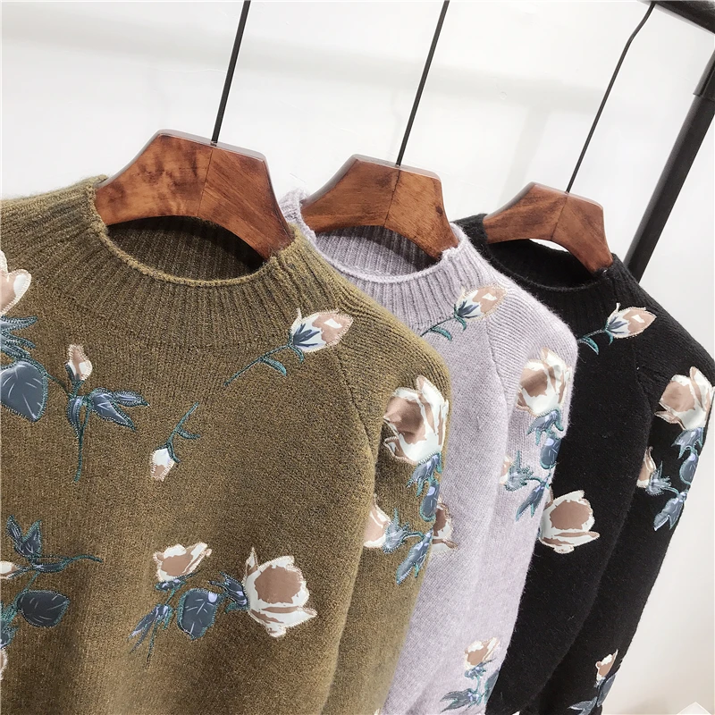 MUMUZI женский свитер осень зима короткий вязаный женский свитер и пуловер женский джемпер с цветочной вышивкой