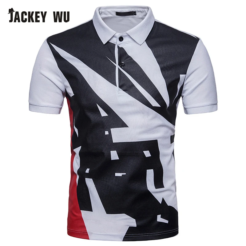 JACKEYWU рубашка поло для мужчин Летняя мода с принтом и рукавами до локтя футболки хлопок дышащий Camisa поло стрейч повседневные поло черный