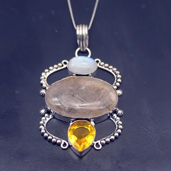 

Hermosa Natural Rutilated Quartz Moonstone Citrinee Necklace Pendant Charms 2 3/4 Inch A597