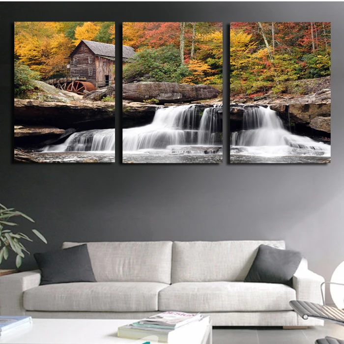 

wonderlan EXW price 3 pattern natual landscape printing canvas wall art waterfall in the green forest for livingroom decor F042