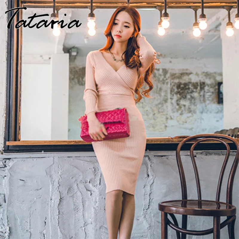 

Tataria 2019 Autumn Women V Neck Knitting Dress Women Casua Long Sleeve Dresses Women Solid Slim Long Sweater Dresses Knitted