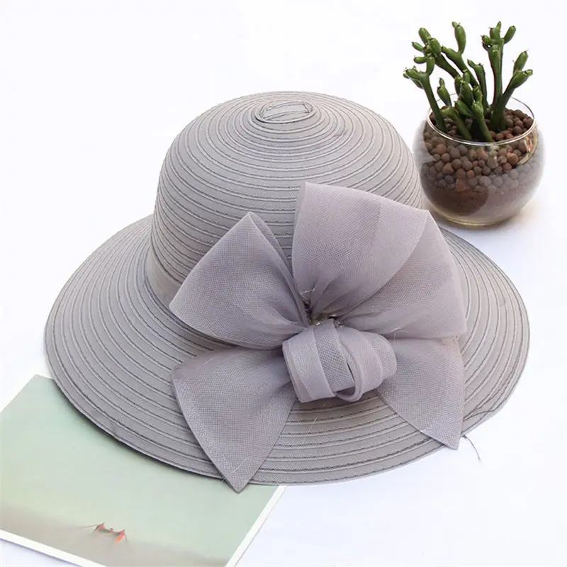 Kajeer шляпа от солнца с широкими полями и однотонным бантом для женщин, летняя пляжная кепка с цветочным принтом, женские вечерние кепки, регулируемые Свадебные шляпы - Цвет: gray