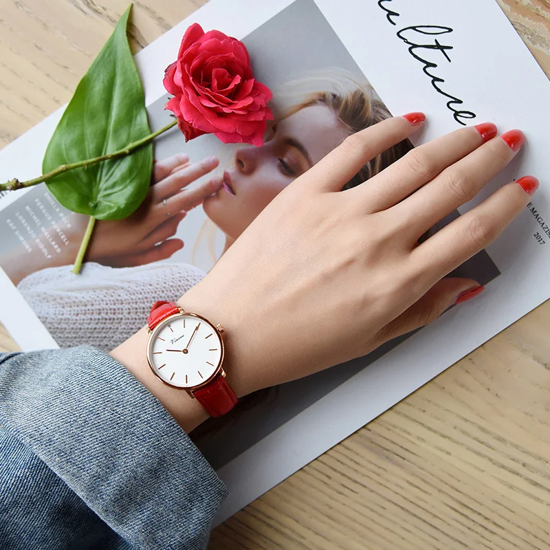 VINOCE Luxury Brand Quartz Watch Women Red Genuine Leather Strap Women
