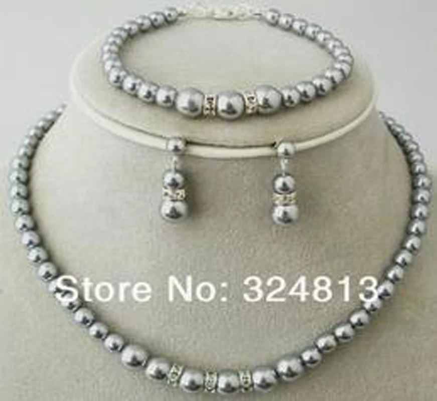 

NEW wedding grey 8*12mm southsea AAA shell pearl necklace earring bracelet A2659
