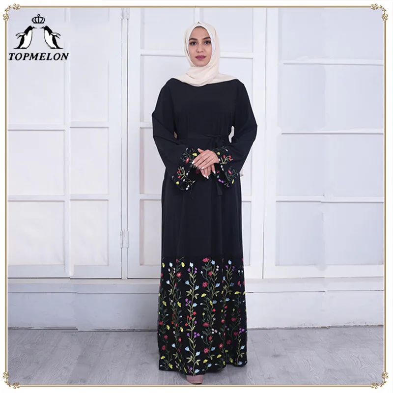 TOPMELON цветочный узор Абая для женщин платье хиджаб длинный рукав, мусульманский платье на весну и зиму jilbaw черная Цветочная одежда - Цвет: Черный