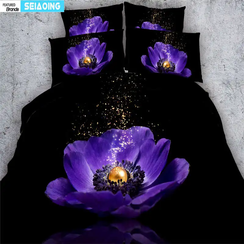 Sexy Purple Floral Luxury Black Bedding Set King Size Single Twin