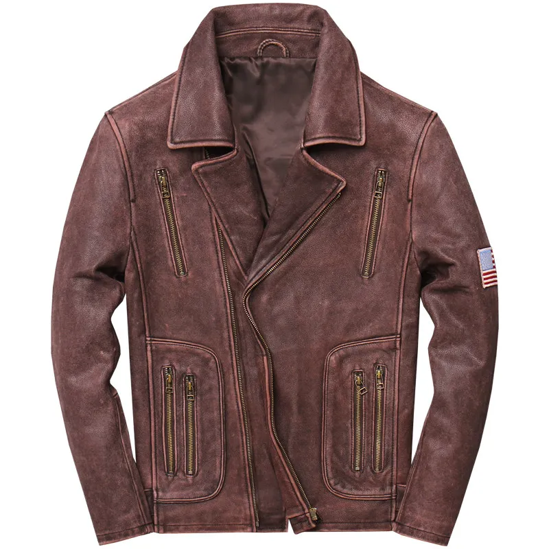 

2019 Vintage Brown Men Motorcycle Leather Jacket Plus Size 5XL Genuine Thick Cowhide Slim Fit Natural Biker's Coat FREE SHIPPING