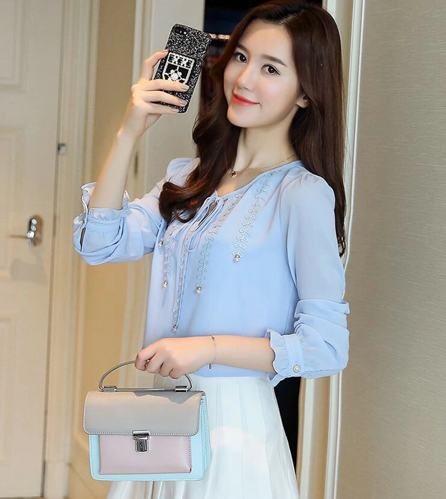 WAN XIANG YUAN Women Shirts 2017 Casual Autumn Long-Sleeved Chiffon Blouse Lady Plus size Blouse for Women Chemise Femme 92307