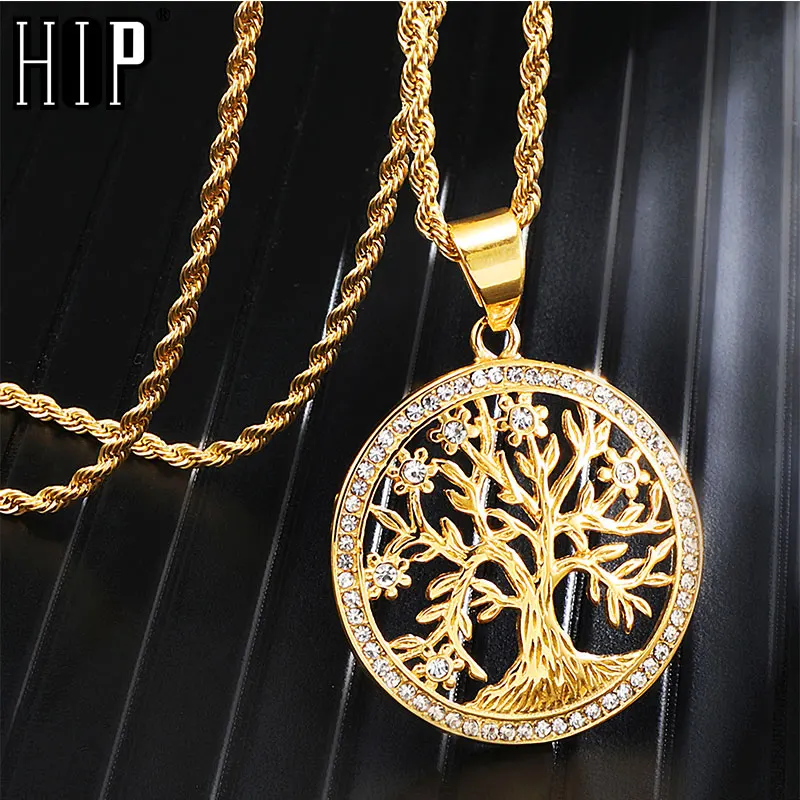 

HIP Hop iced Out Bling Gold Color Stainless Steel Tree of Life Wisdom Tree Pendants Necklaces for Men Jewelry Dropshipping