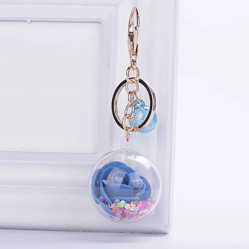 New Fashion Sequins Glitter Rose Keychain Pendant Transparent Plastic Eternal Flower Key Chain Women Car Handbag Keyring