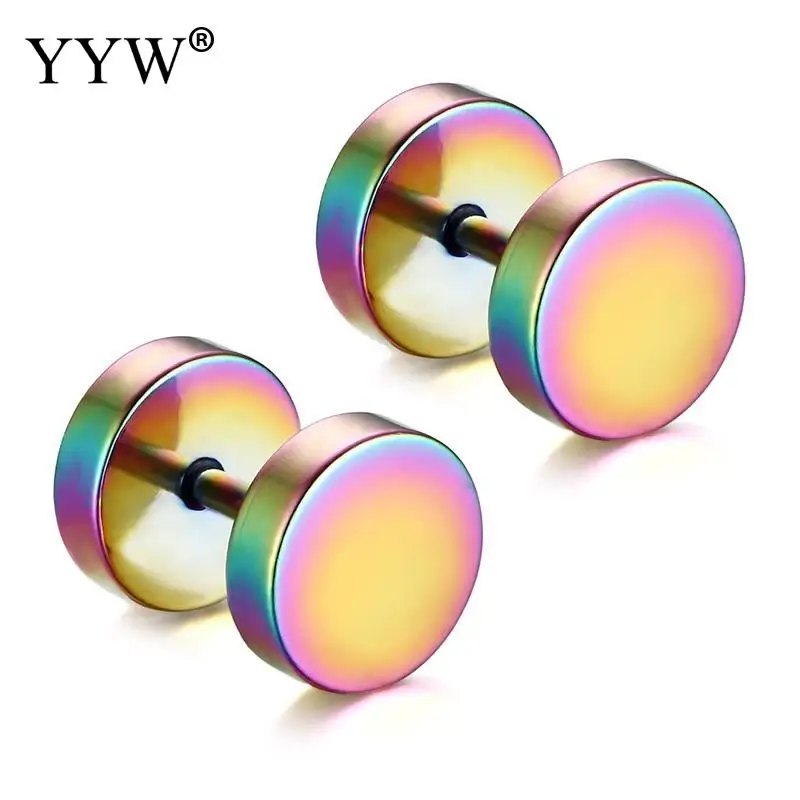 

YYW Women Male Rock Punk Double Sided Round Slice Titanium Steel Earrings Gold-color Fake Ear Plugs Gothic Barbell Stud Earrings