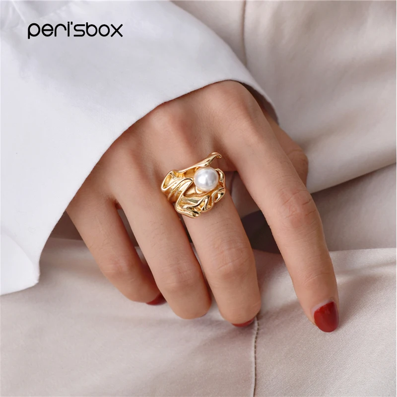 

Peri'sBox Simulated Pearl Gold Wrinkled Ring for Women Unique Design Statement Boho Rings Celebrity Jewelry