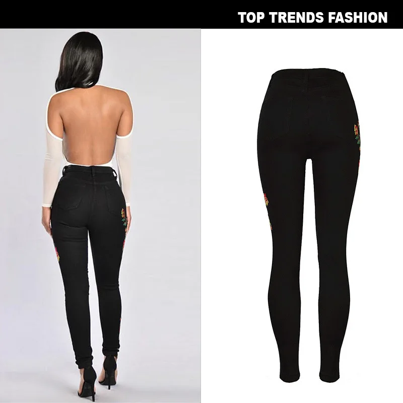 Европейский Для женщин s Винтаж цветочной вышивкой Высокая талия Skinny Ankle Jeans женский, Черный Карандаш Джинсовые штаны 2595