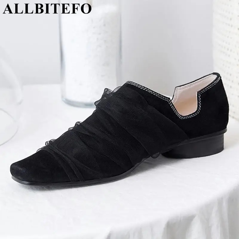 

ALLBITEFO natural genuine leather women heels square heels high quality fashion cool ladies early spring shoes woman shoes