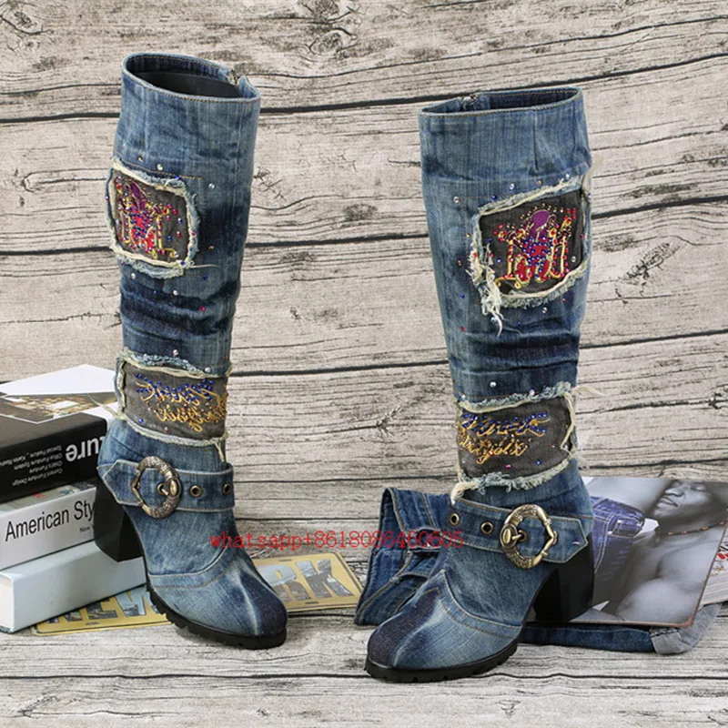 chunky heel denim boots