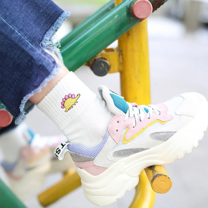 Cute Women Embroidery Dinosaur Cotton Socks Yellow Lovely Cartoon Animal Vintage Short Socks Novelty Crazy Funny Cozy Sock Funky
