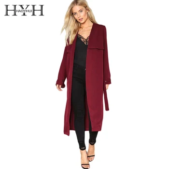 

HYH HAOYIHUI Autumn Open Stitch Solid Burgundy Women Trench Coat Long Line Back Split Female Outwear Adjustable Waist Coats