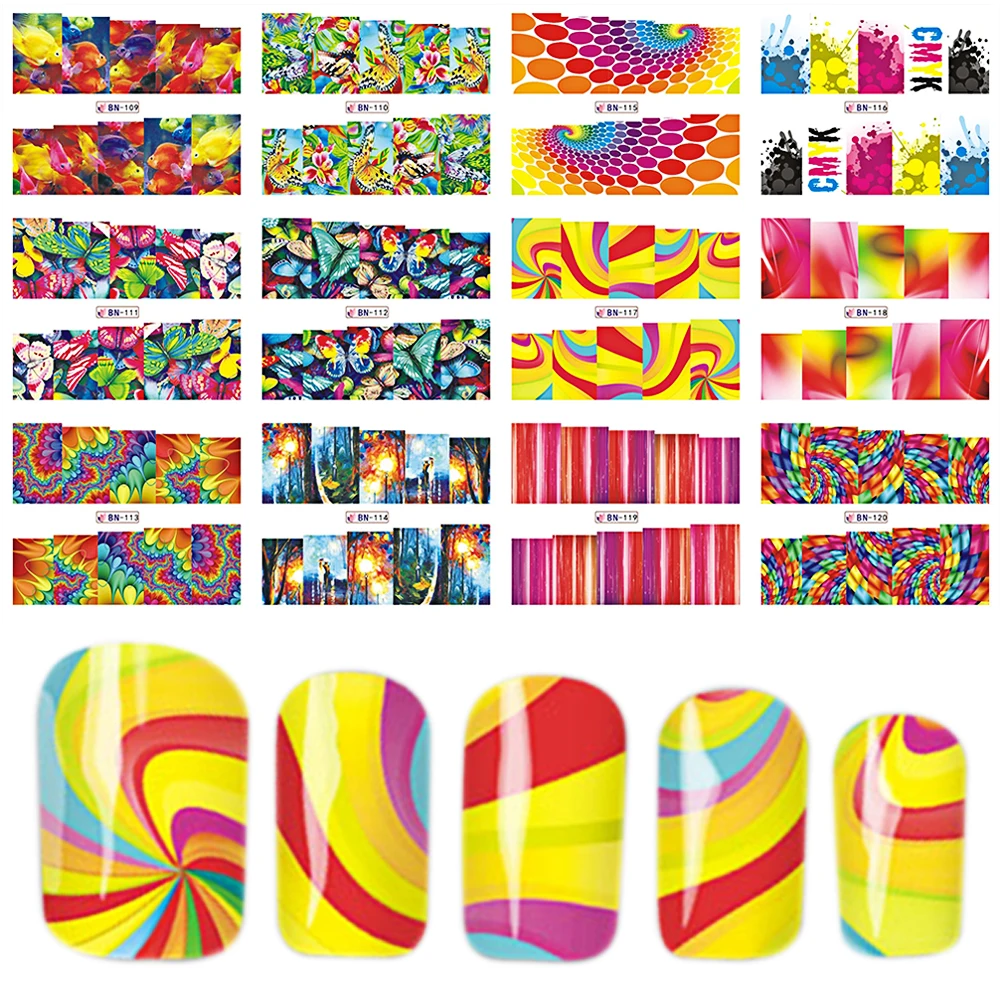 

12 Designs/Set Nail Sticker Colorful Butterfly Design Mixed Nail Art Water Transfer Decals Beauty DIY Nail Tool BEBN109-120